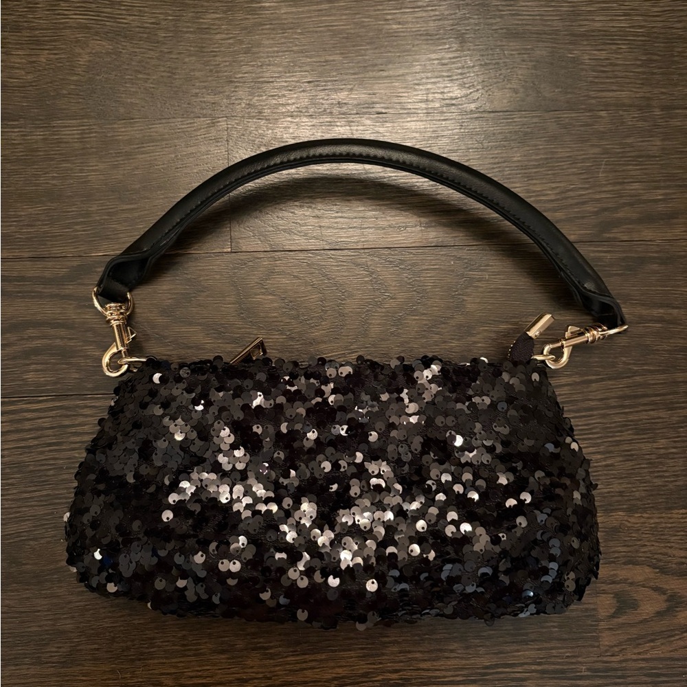 Anthropologie Black Sequin Purse with Gold Hardware